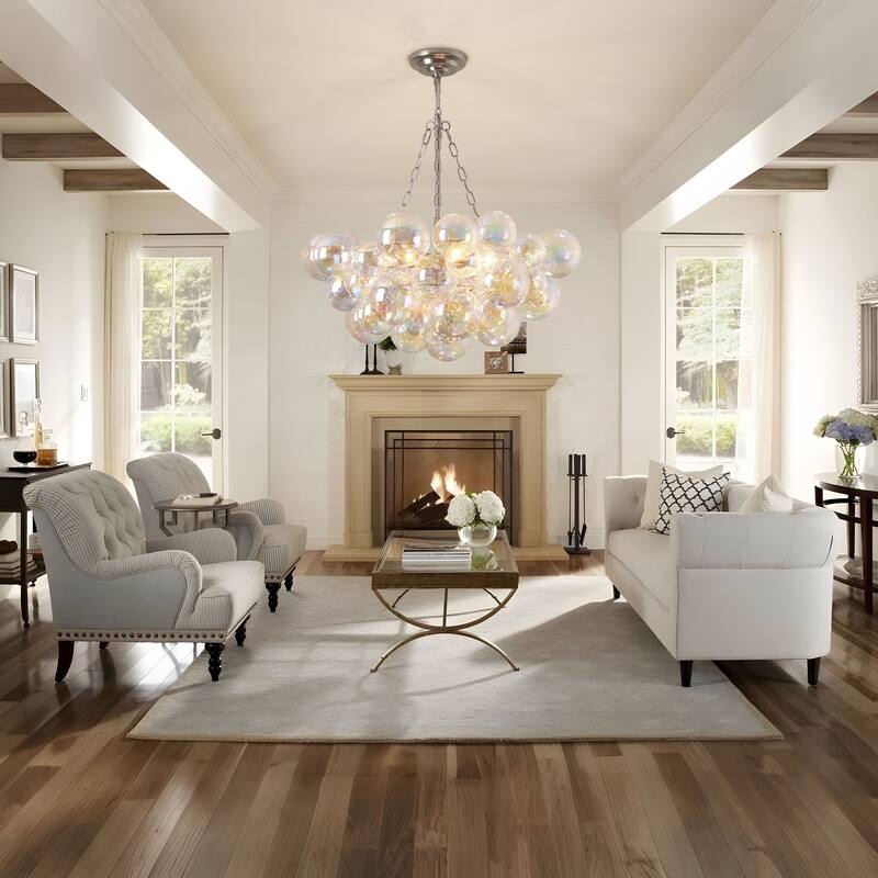 Starsky 6-Light lridescent Bubble Glass Globe chandelier, Hand-Blown Colorful cluster Light, Adjustable Height, Gold or Nickel