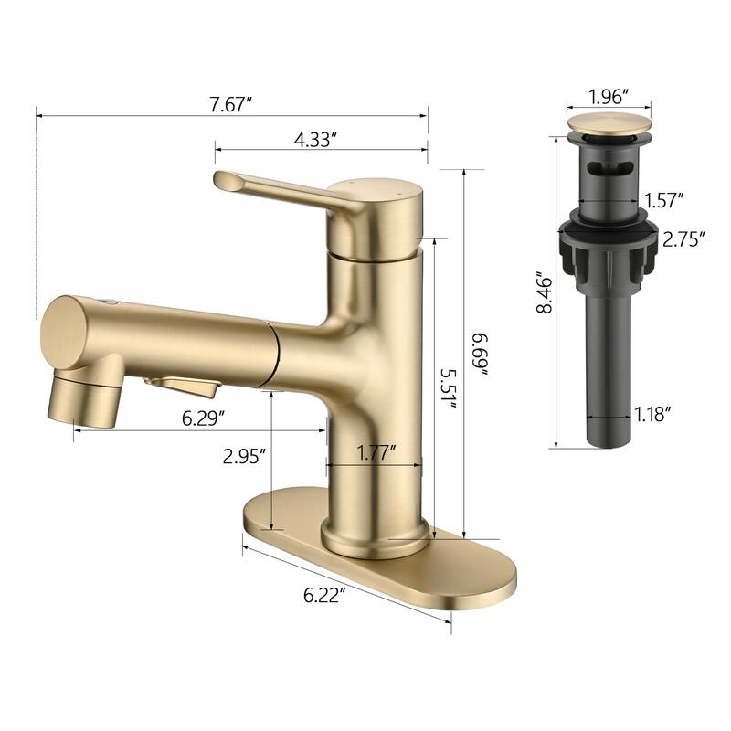 Topcraft Single Handle Pull-Out Bathroom Faucet with Pop-Up Drainer