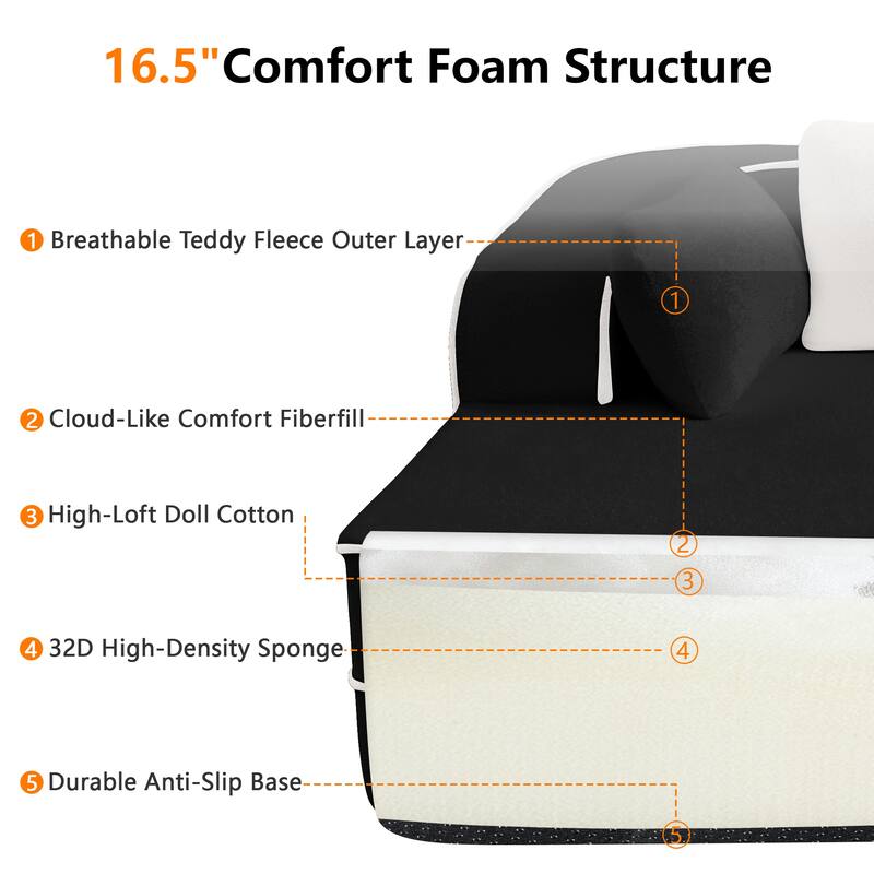 Roomfitters No Assembly Modular Sofa, 106 Inch Teddy Fabric Floor Couch with Chaise, Black