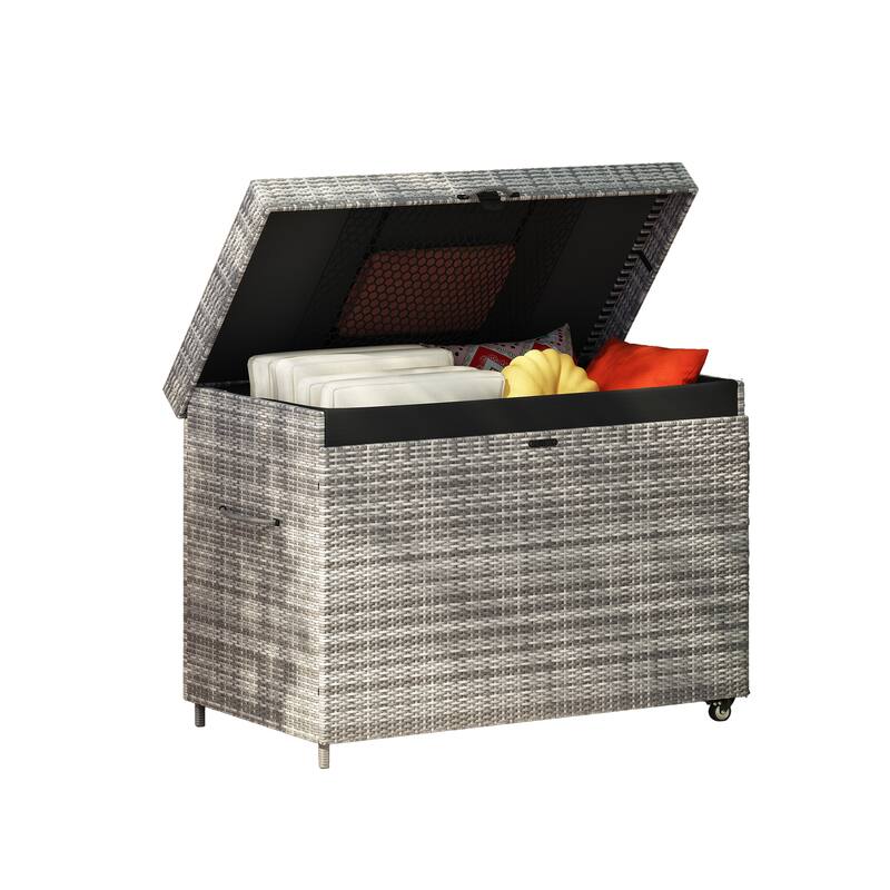Grey Heavy Duty Wicker Storage Deck Box with 4 Wheels, Lockable Lid and Bench for Patio Poolside and Garage​