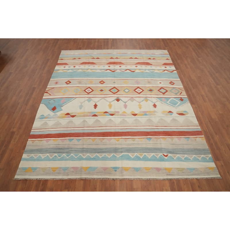 Hand Woven Oriental 100% Wool Carpet Southwestern Tribal Multi-Colored Kilim Area Rug - 9' 10'' X 8' 3''