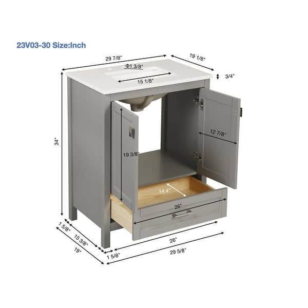 ABRUZZO 30" Freestanding Bathroom Vanity with Carrara Marble Top Solid Wood Frame Soft-Close Doors Undermount Ceramic Sink