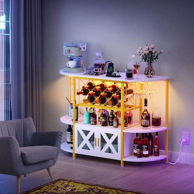 Moasis Farmhouse LED Wine Cabinet Storage Bar Table with Wine Rack and Glass Holder