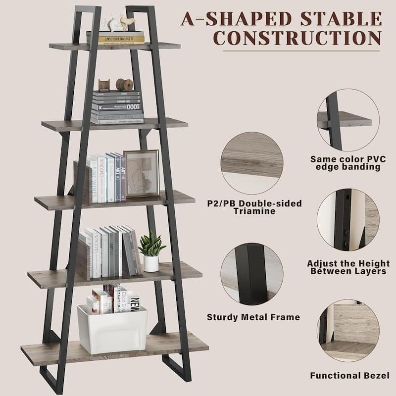 5-Tier Metal Ladder Bookshelf, Rustic Bookcase with Open Display Shelves