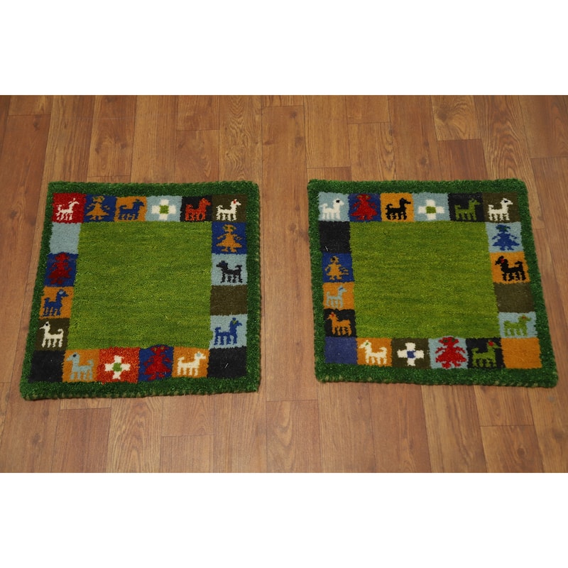 Hand Knotted Oriental 100% Wool Carpet Tribal Animal Pictorial Green Gabbeh Area Rug - 1' 4'' X 1' 4''