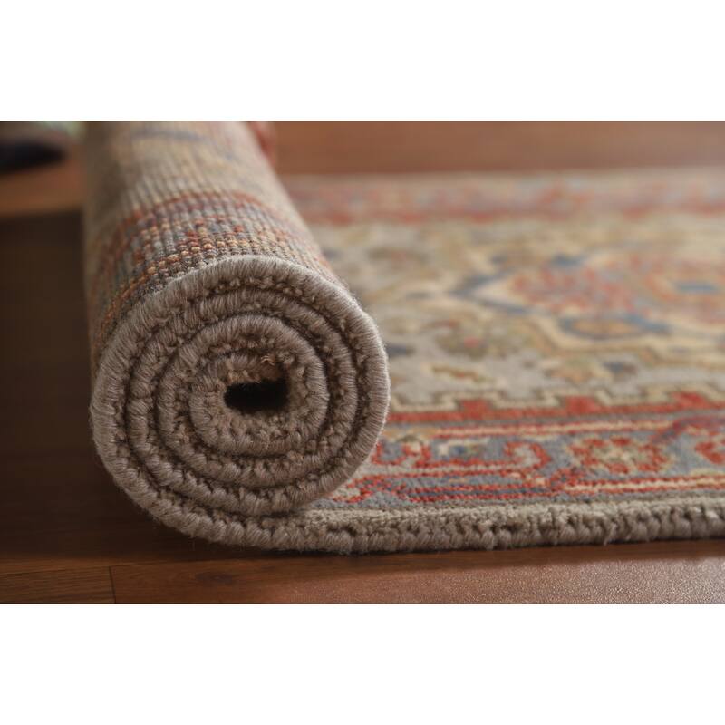Hand Knotted Oriental 100% Wool Carpet Traditional Geometric Greys & Charcoal Heriz (serapi) Runner Rug - 7' 11'' X 2' 7''