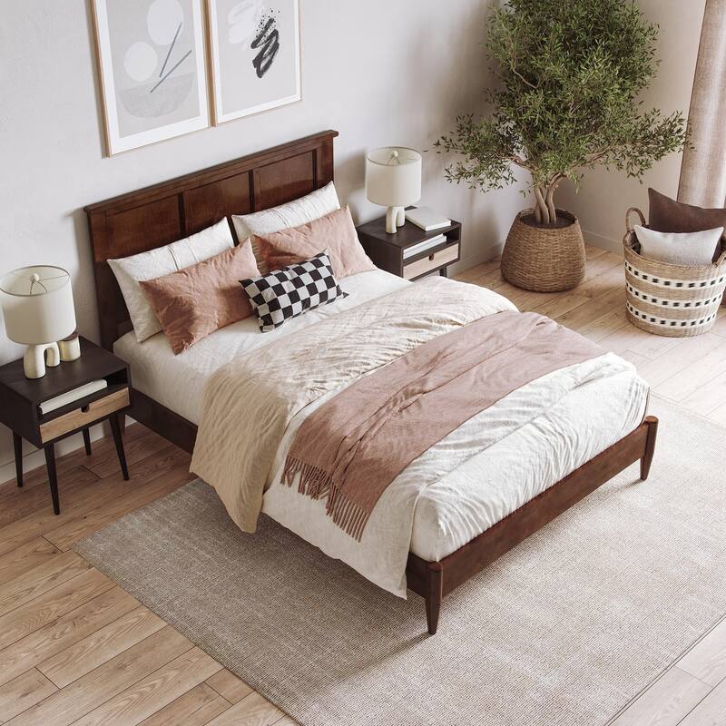 Solid Wood Low Profile Platform Bed with USB Ports - Walnut Finish, Full Size Bed Frame