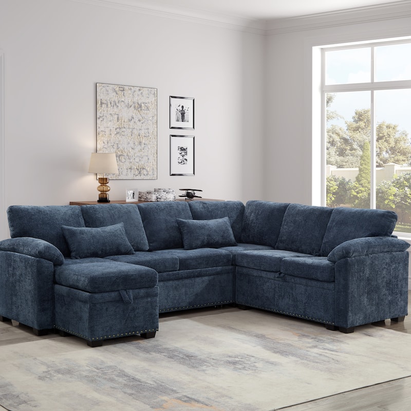 Corner Sectional Sofa with Pull Out Chaise Lounge and Pillow Top Arms, Chenille Sleeper Couch with Storage Seat and Ottoman