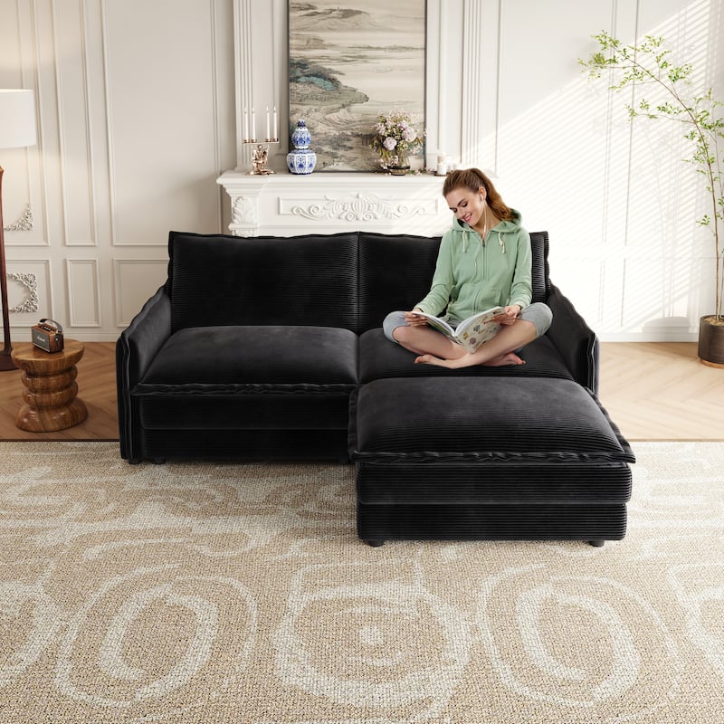 Modern 2 Seater L-Shaped Sectional, Loveseat Sofa Couch with 1 Footrest and Corduroy Upholstery for Living Room or Bedroom