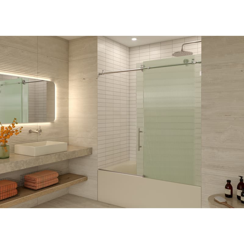 Galaxy 60 in. x 60 in. Fully Frameless Fluted Glass Sliding Bathtub Doors - Lefthand