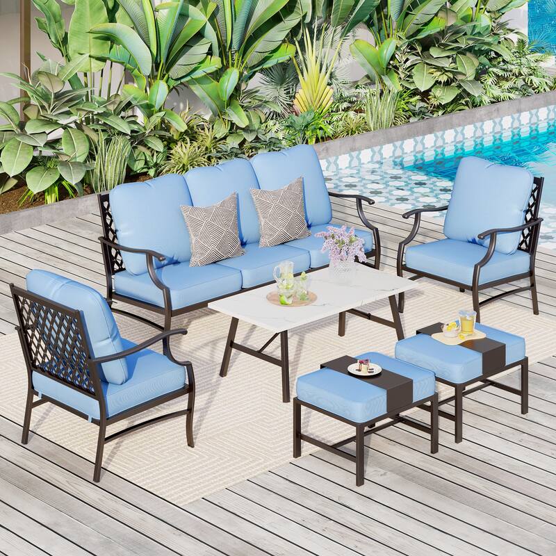 MAISON ARTS 6/7-Piece Patio Conversation Sets, Sofa Set with 2/4 x Single Chairs, 1 x 3-seater Sofa and Coffee Table/Ottomans - Set 1 - Baby Blue