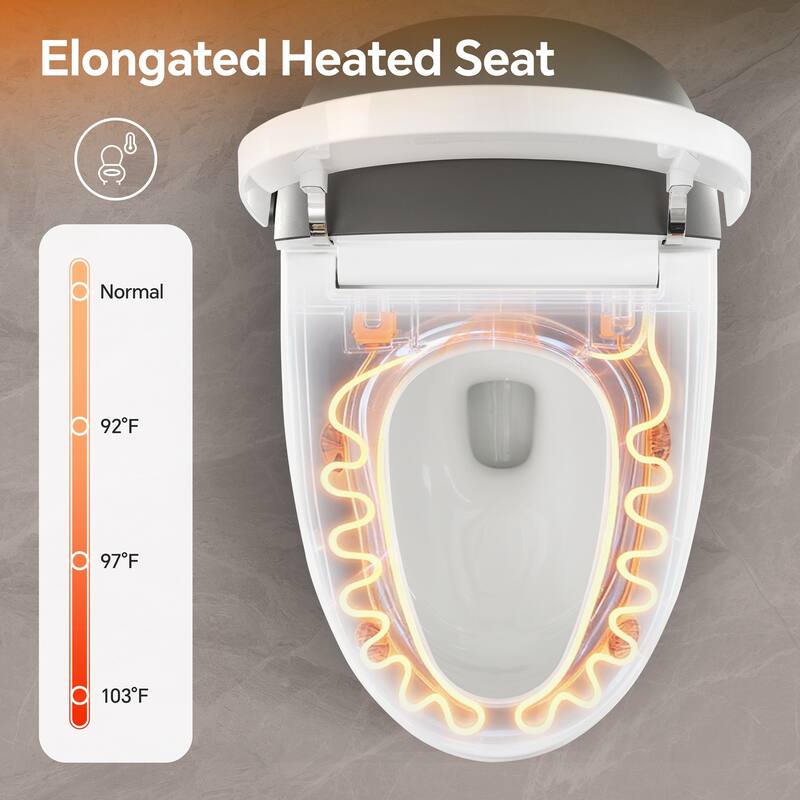 Elongated Smart Toilet with Bidet. ADA Comfort Height Heated Seat. MAP 1000g Flush. Warm Water. Dryer. Night Light