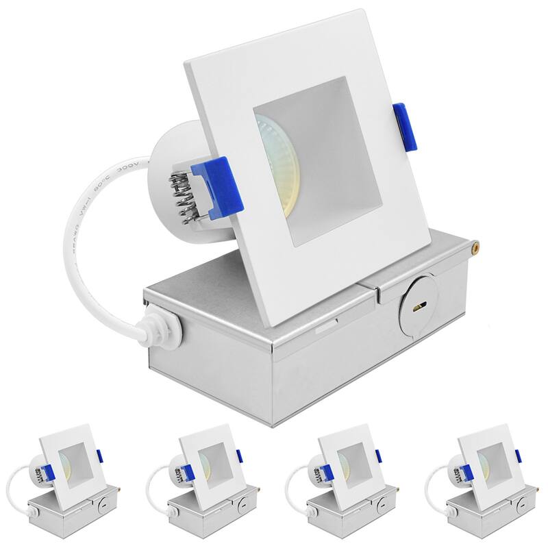 Luxrite 3 in. Square LED Recessed Ceiling Light J-Box 8W 5CCT 740 Lumens Wet Rated IC Rated ETL 4 Pack - Color Temperature Selectable 27K/30K/35K/40K/50K