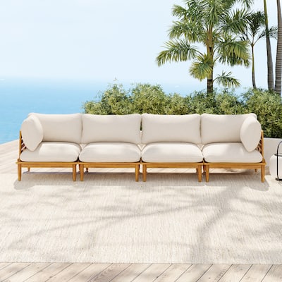 Scott Living Sacova Outdoor Acacia Wood 4-Seater Sofa, Teak Finish Frame with Beige Cushion