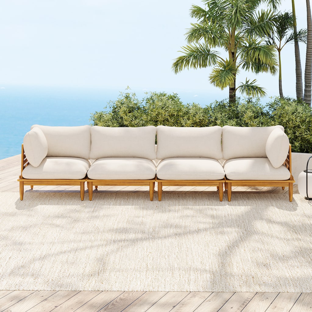 Scott Living Sacova Outdoor Acacia Wood 4-Seater Sofa, Teak Finish Frame with Beige Cushion