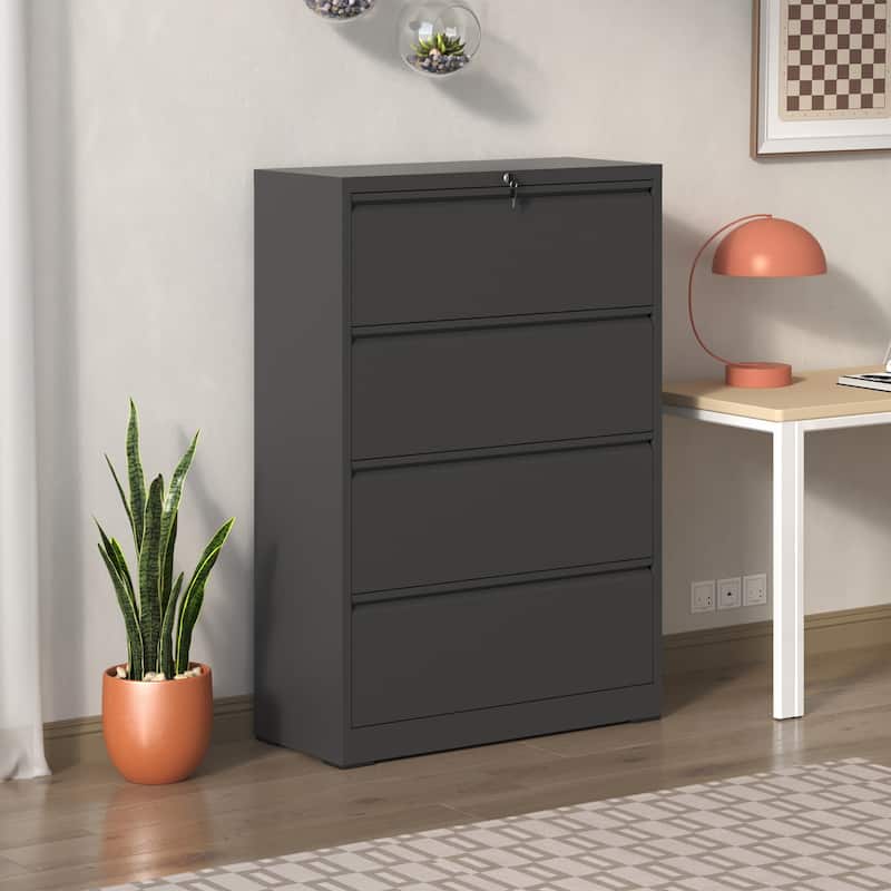 Lateral File Cabinet 4 Drawer, Black Filing Cabinet with Lock, Lockable File Cabinet, Locking Metal File Cabinet