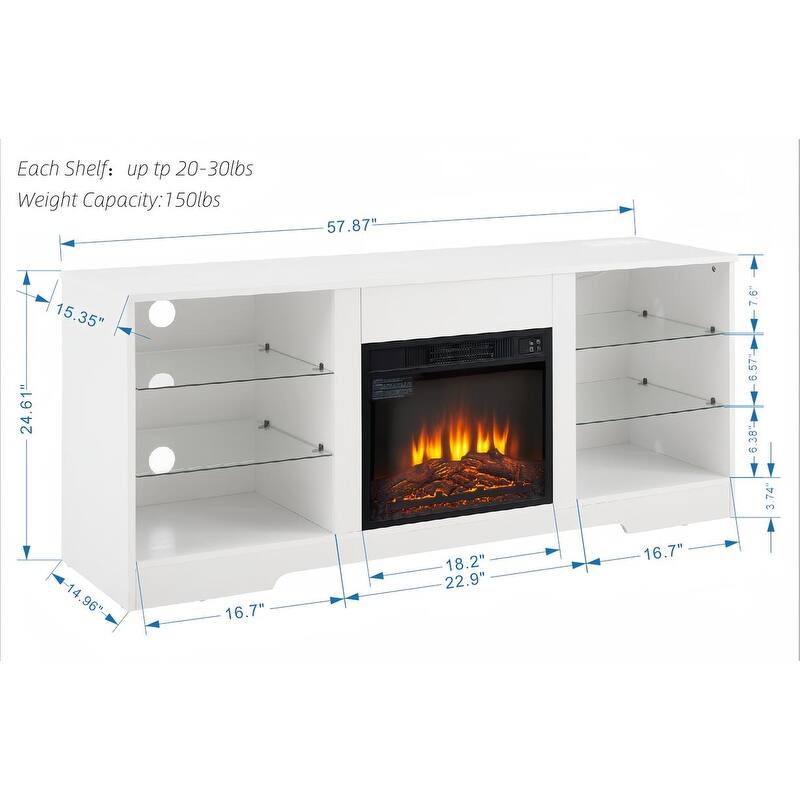 58" Modern TV Stand with Electric Fireplace, LED Lights, USB Charging & Glass Shelves for TVs up to 62"