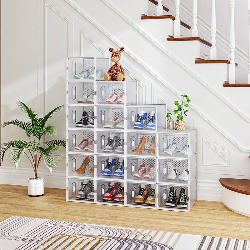 18-Pack Stackable Plastic White Modular Shoe Storage Boxes for Closet or Bedroom - 35 x 25 x 19 cm