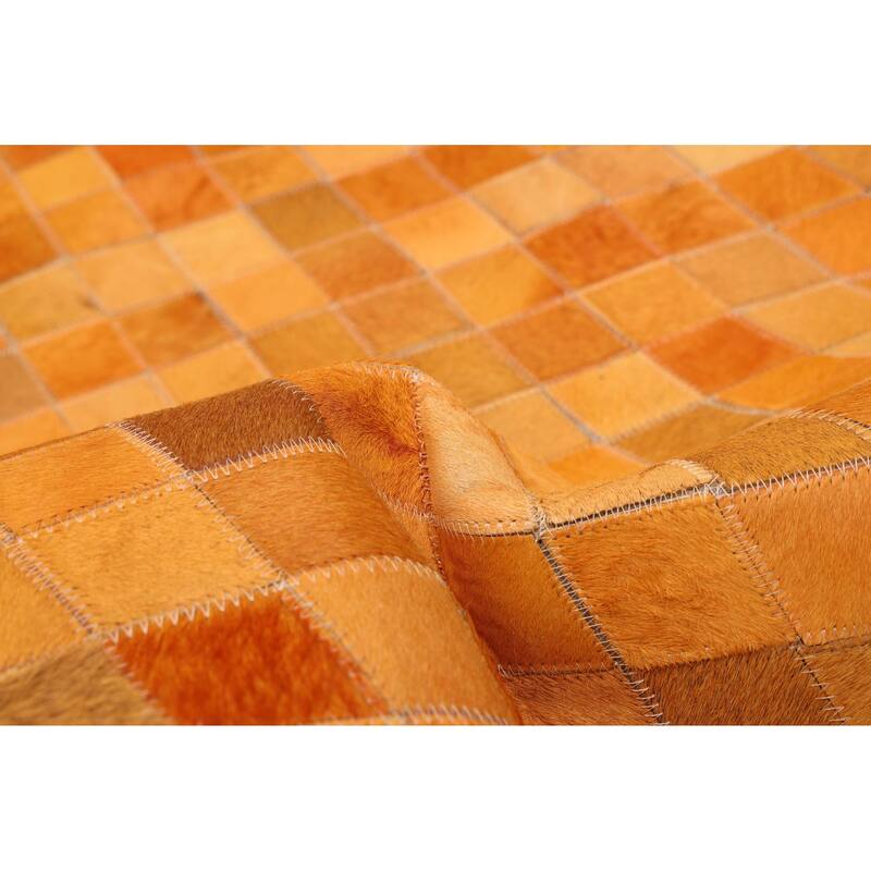 ECARPETGALLERY Handmade Cowhide Patchwork Orange Leather Rug - 6'0 x 6'0