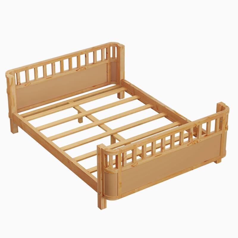 Kids Platform Bed Toddler Low Platform Wood Bed with Removable Guardrail, Rounded Corner Design Bed Frame to Protect Children