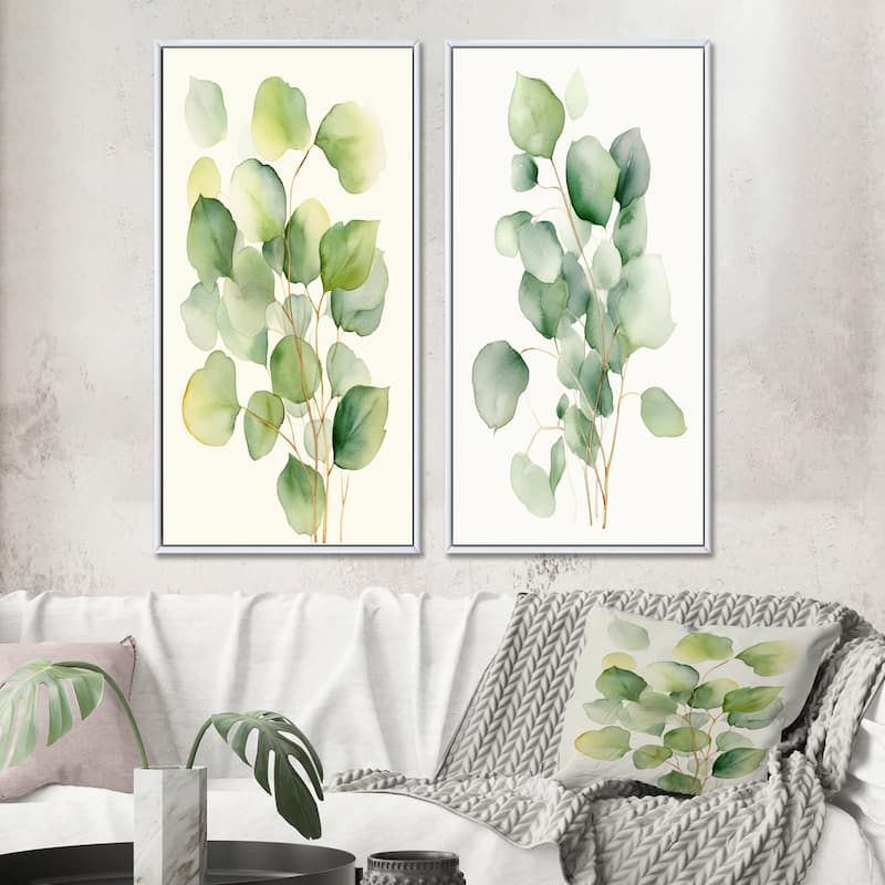 Designart "White Green Minimalism Eucalyptus Essence" Floral Framed Wall Art Set Of 2 - White For Living Room Decor