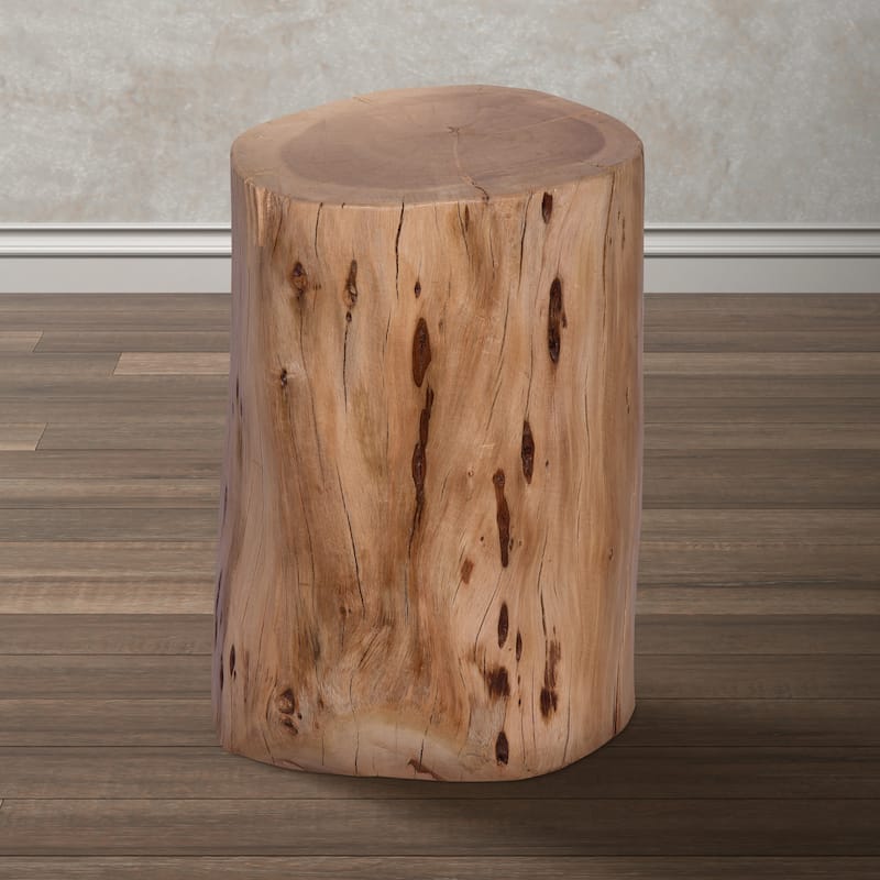 17 Inch Accent Stump Stool End Table, Live Edge Acacia Wood Log with Grain and Knot Details, Natural Brown