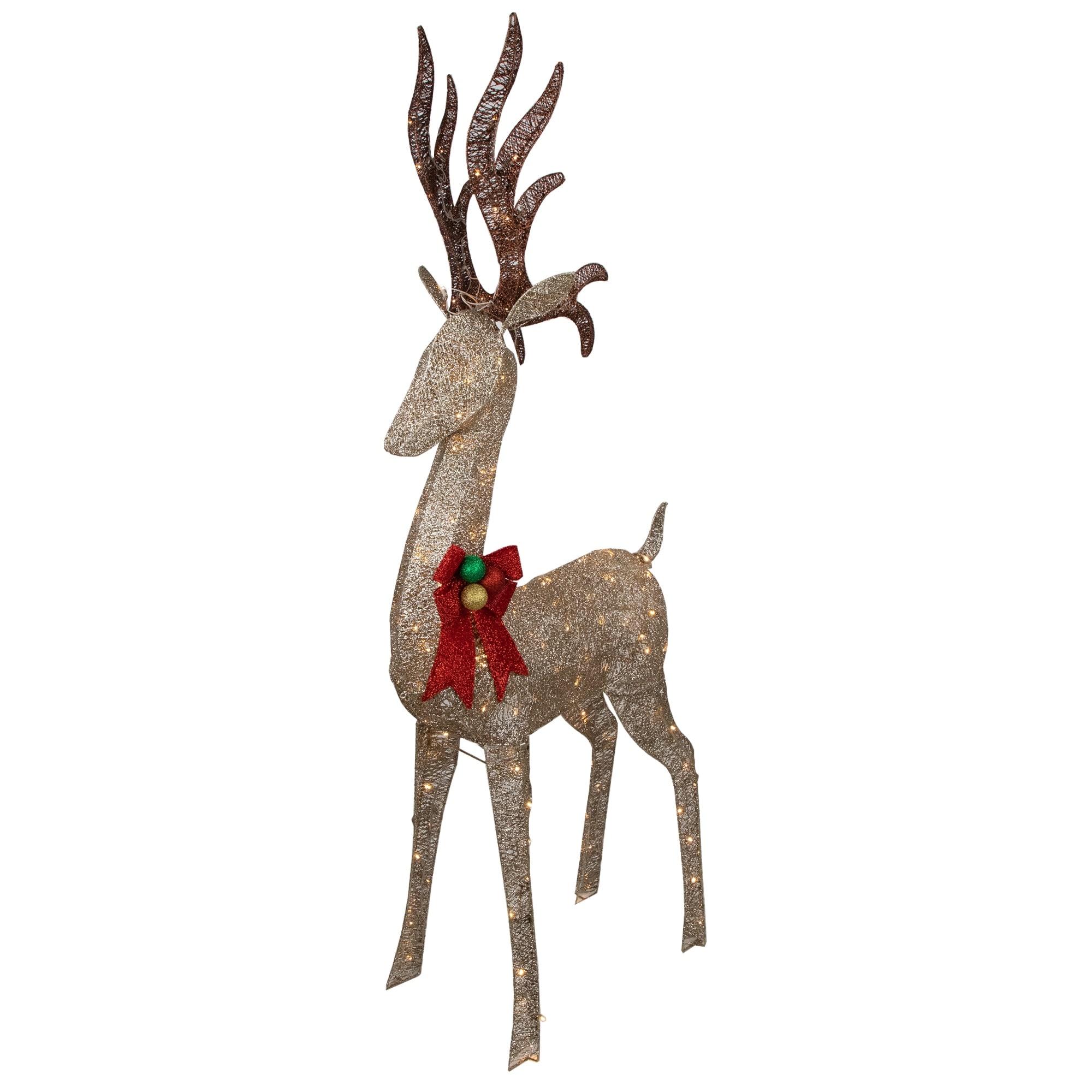 74" LED Lighted Champagne Deer Red Bow Outdoor Christmas Decoration