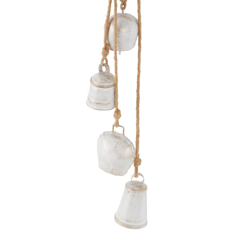 Gold, White or Black Metal Tibetan Inspired Cascading Indoor Outdoor Decorative Cow Bells with 5 Bells on Jute Hanging Rope
