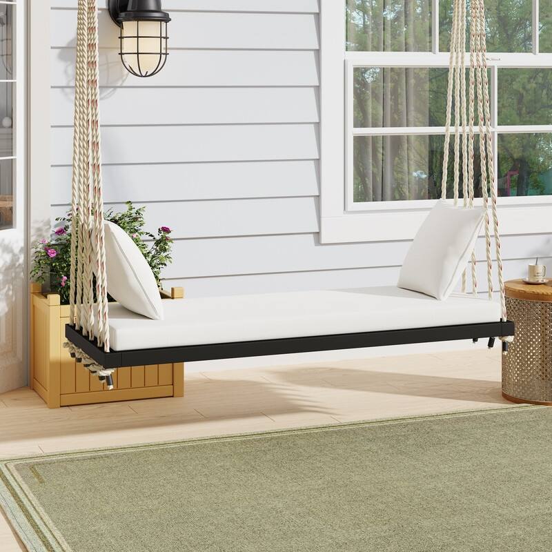 Porch Wooden Swing Chair with Hemp Ropes, Patio Hanging Swing Bench with Cushion & 2 Pillows - Black