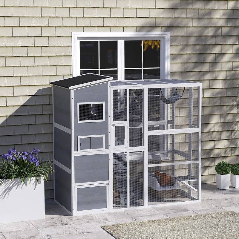 PawHut Catio Outdoor Cat Enclosure, Large Wooden Cat House with 4 Tier Resting Rooms, 3 Platforms, 1 Soft Ladder, 2 Ramps