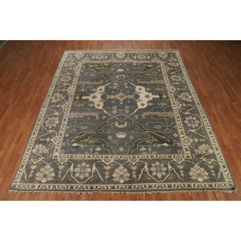 Transitional Gray Oushak Indian Area Rug Hand-Knotted Wool Carpet - 8'1" x 9'9"