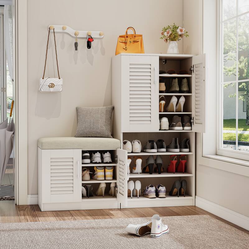 Shoe Storage Cabinet with Shutter Door, Wood Shoe Cabinet with Shoe Storage Bench, Multi Functional Shoe Rack for Entryway