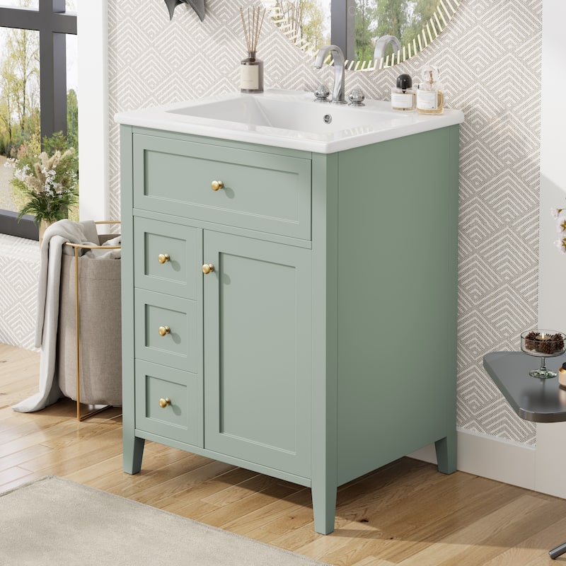 24" Bathroom Vanity with Sink, 3 Drawers & Storage Cabinet, Adjustable Shelves, MDF/Rubberwood