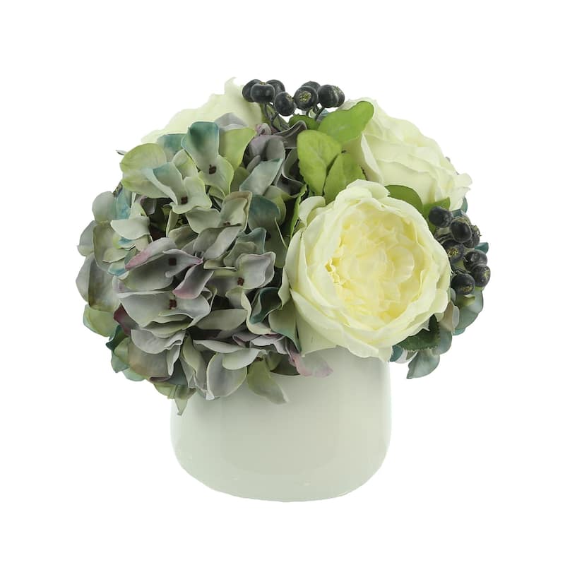 Hydrangeas, Peony and Blueberry in a Round Pot - White, Blue