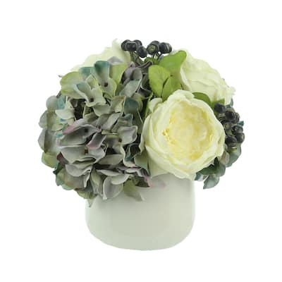 Hydrangeas, Peony and Blueberry in a Round Pot - White, Blue