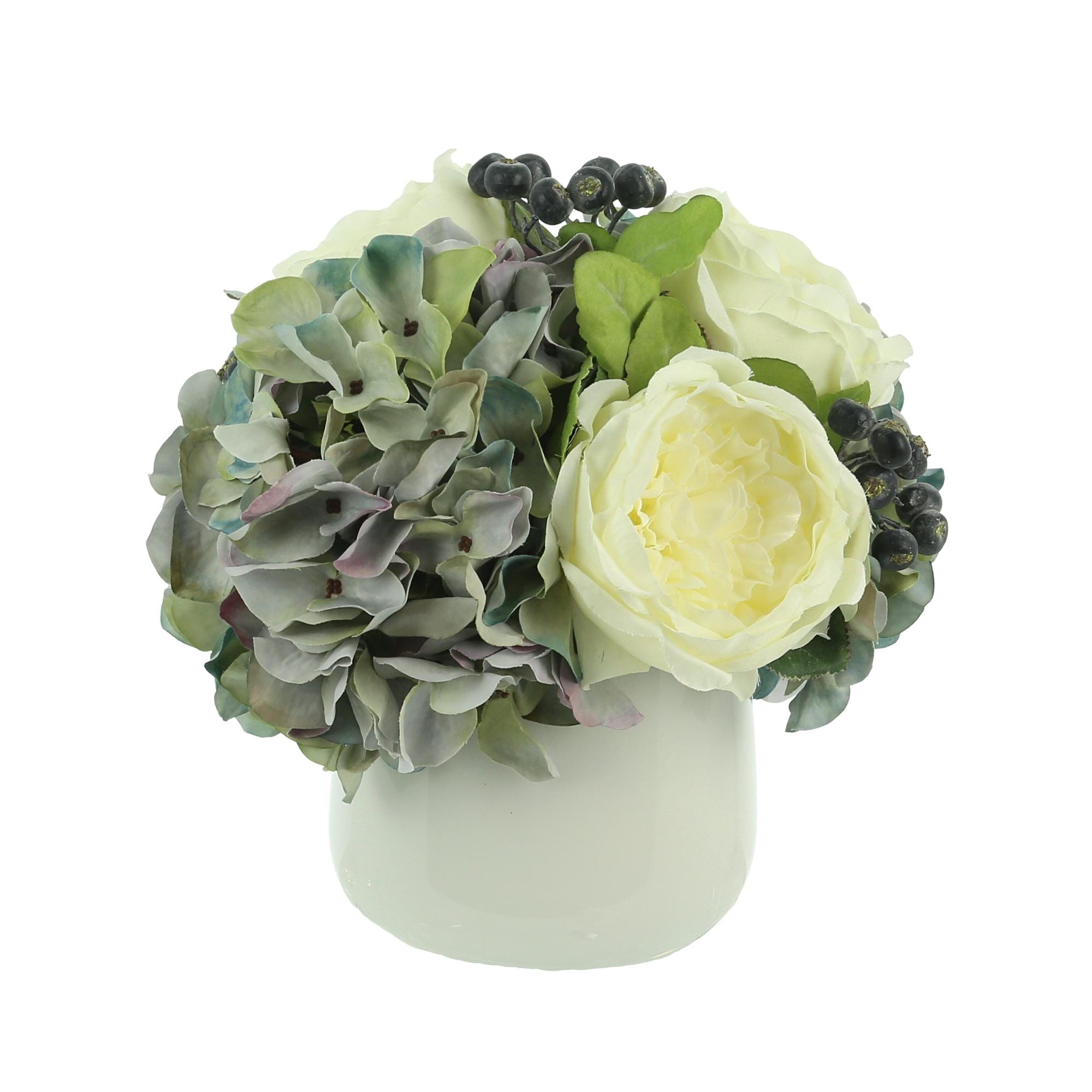 Hydrangeas, Peony and Blueberry in a Round Pot - White, Blue
