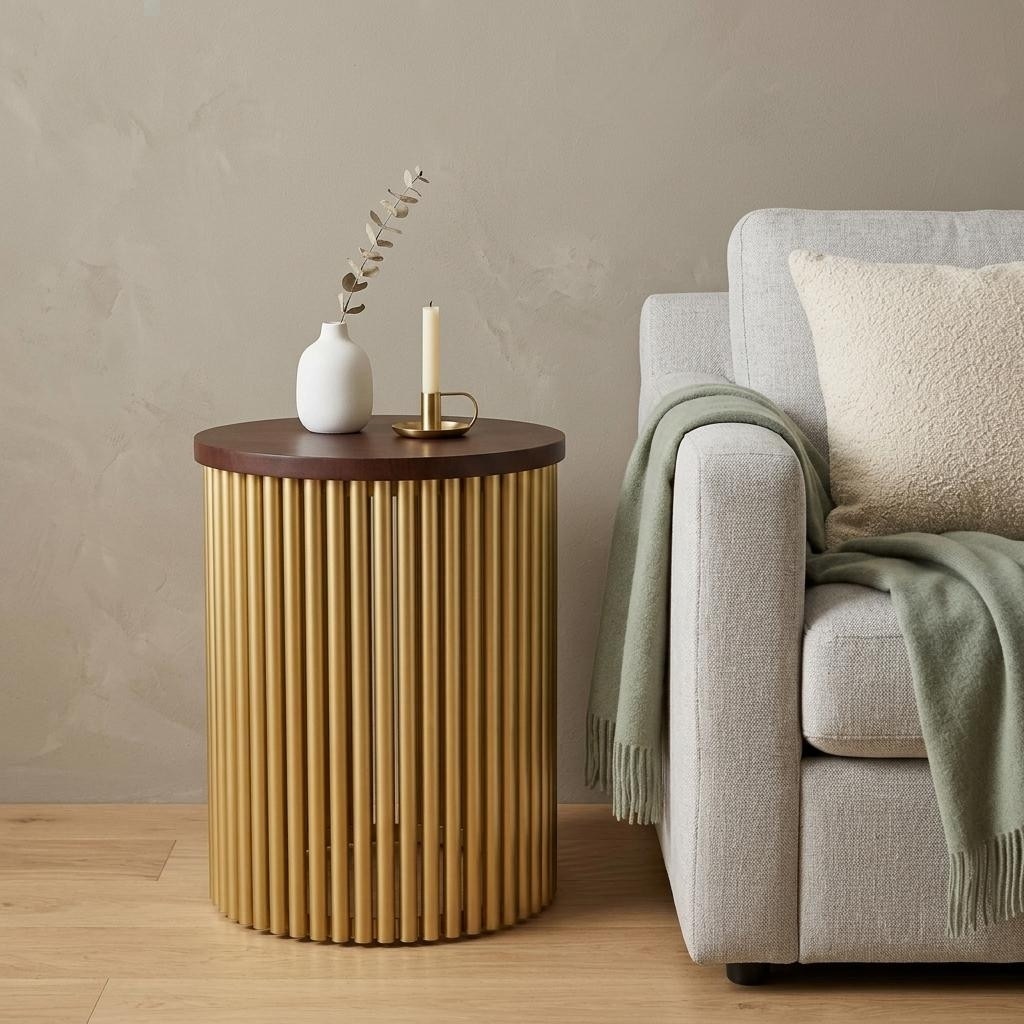 HomeRoots 21" Glossy Dark Brown and Gold Solid Wood and Iron Round Drum End Table - 17.50 in. x 21.30 in. x 17.50 in.