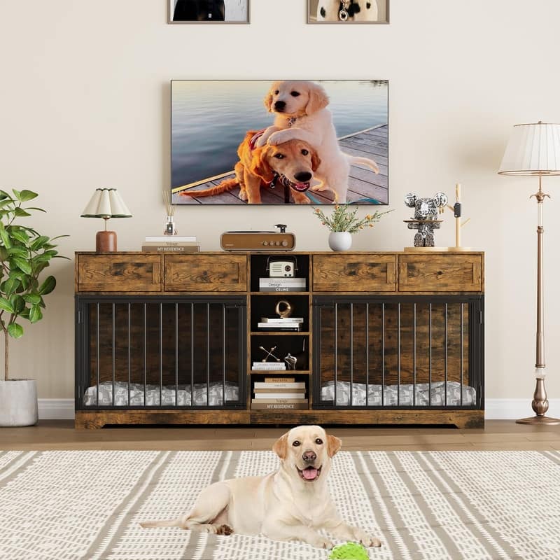 Wooden Dog Cage Crate Furniture TV Stand Large Dog Kennel with 4 Drawers and Shelves for 2 dogs