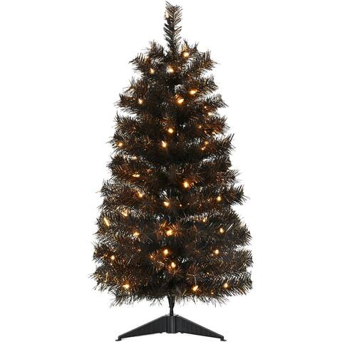 Haunted Hill Farm 3-Ft. Spooky Black Tinsel Tree, Warm White LED Lights