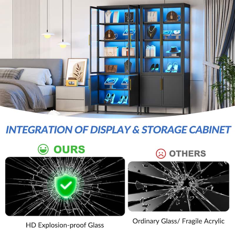 6-Tier Tempered Glass Curio Display Cabinet with 4 Doors, Adjustable Shelves, 13 Color Lights