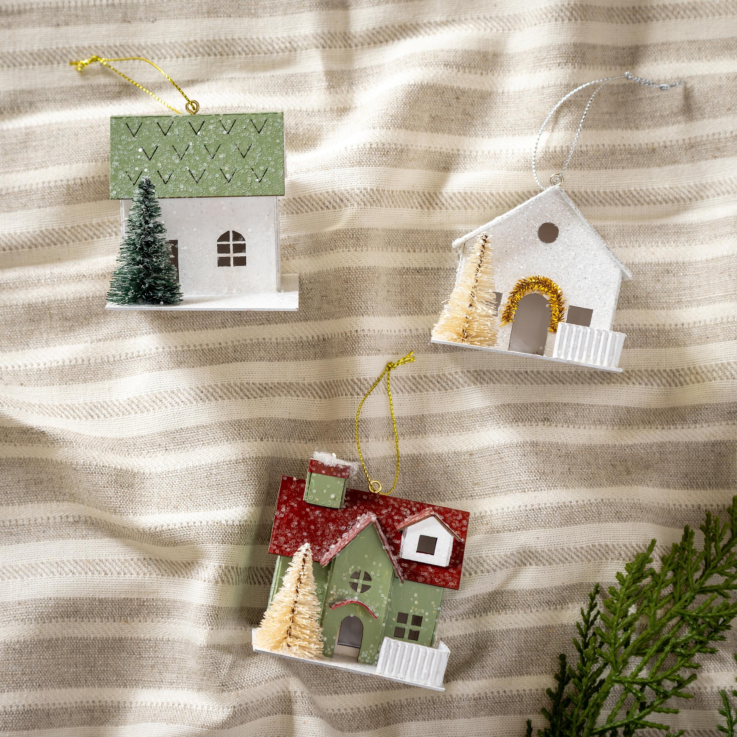 Paper Ornament House with Bottle Brush Trees, Set of 3 - 8"