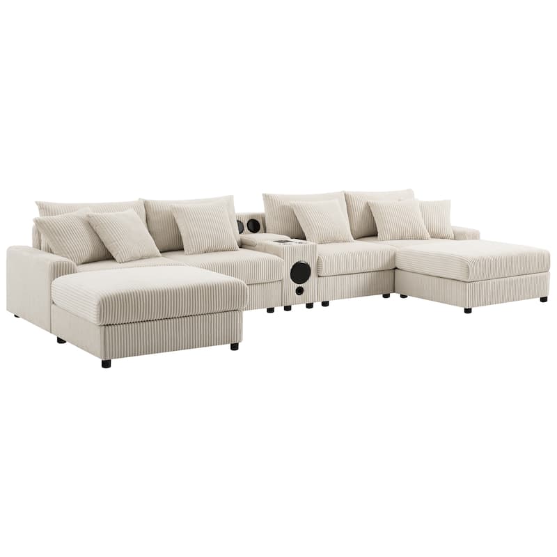 U-Shaped Cloud Corduroy Sectional Sofa with Console, Cup Holders, Bluetooth Speakers, Charging, Storage Ottoman, Deep Seats Sofa