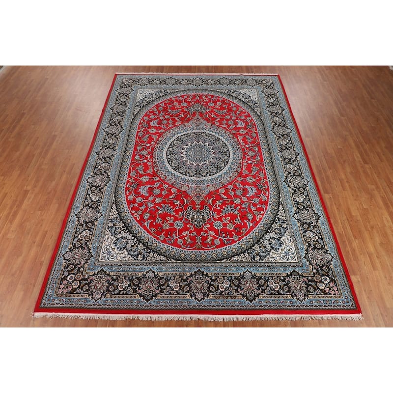 Red Medallion Kashan Turkish Area Rug Machine Made Traditional Carpet - 9'7" x 13'2"
