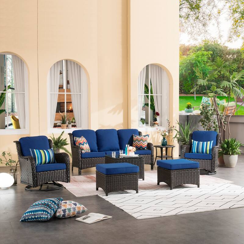 OVIOS 7-piece Patio Wicker Swivel Chairs Set - Navy Blue-Brown Wicker