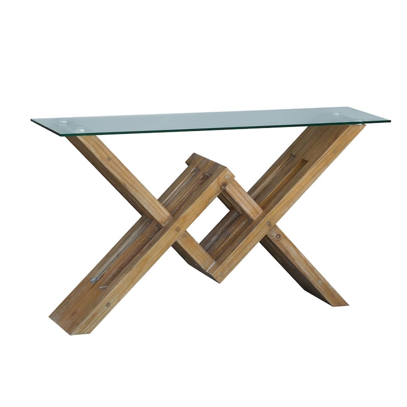 Burnished Acacia Wood Console Table with Glass Top - 58x16x34"
