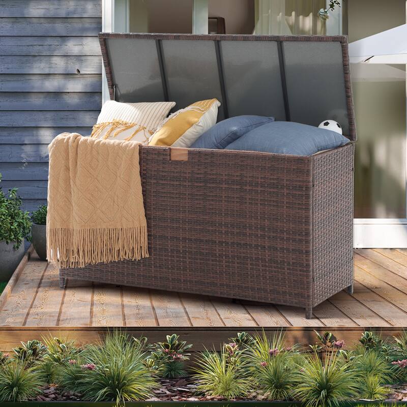120 Gallon Outdoor Wicker Cushion Storage Storage Box, Garden Deck Bin with Aluminum Frame - 51.2” (L) x 20.5” (W) x 29” (H) - Brown