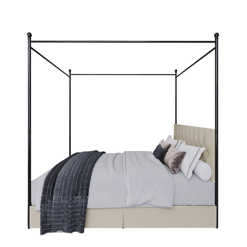 Clayfell Harlan Queen Upholstered Metal Storage Canopy Bed, Beige