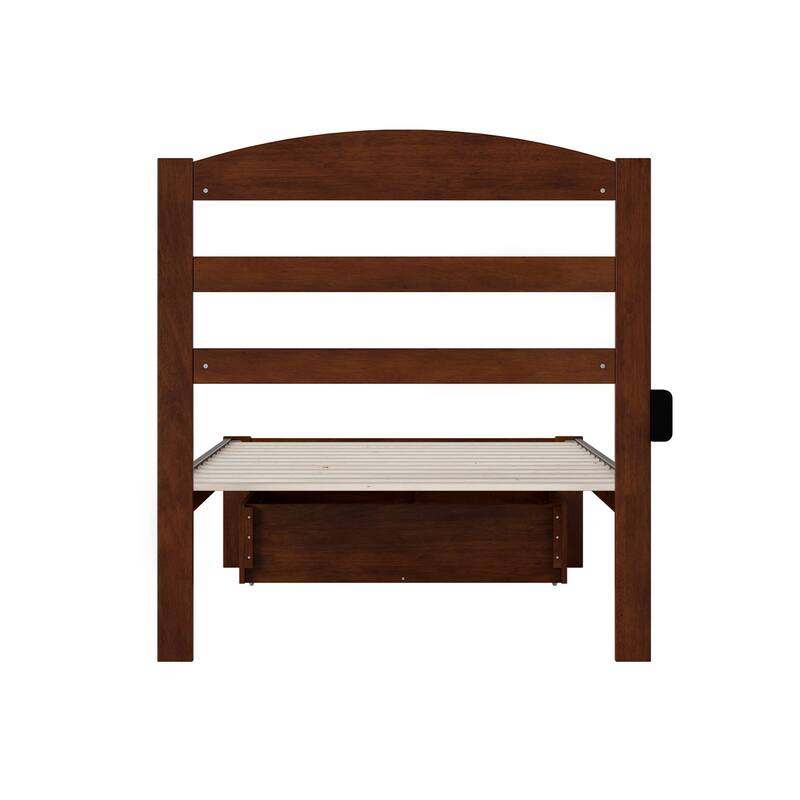 Twin Bed with Drawer - Solid Wood Platform Bed Frame, Walnut Finish, Casters Included, 76"L x 38"W