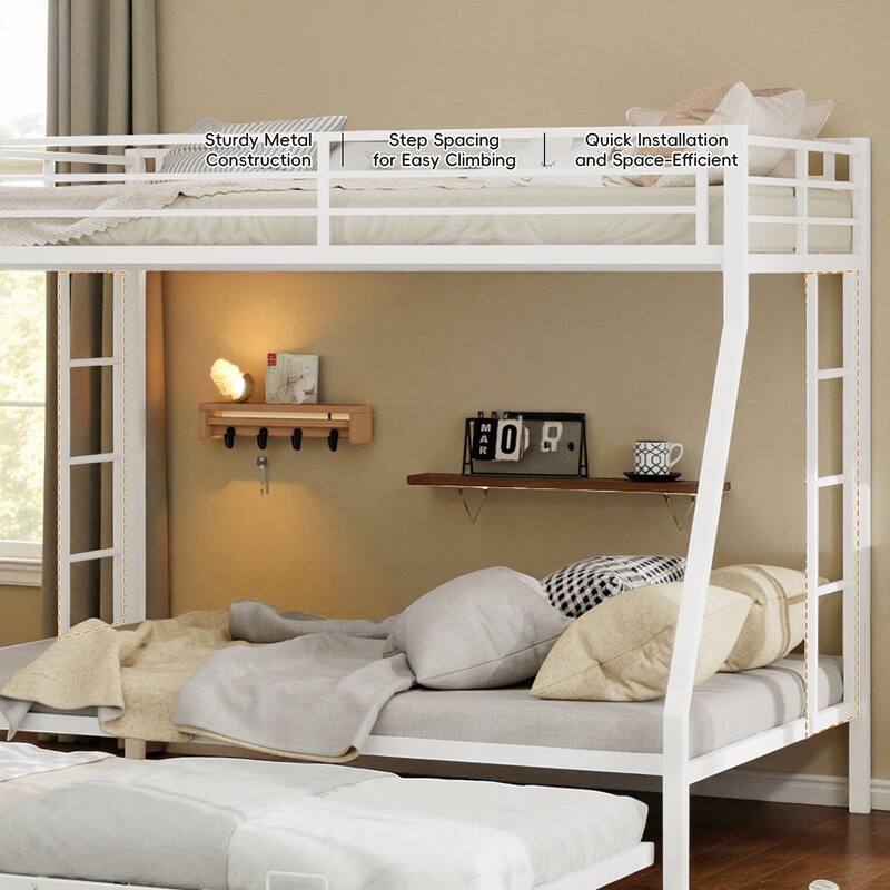Full Size Metal Bunk Bed with Ladder and Rolling Trundle, Square Tube Frame, Heavy-Duty Triple-Sleeper for Home or Dorm