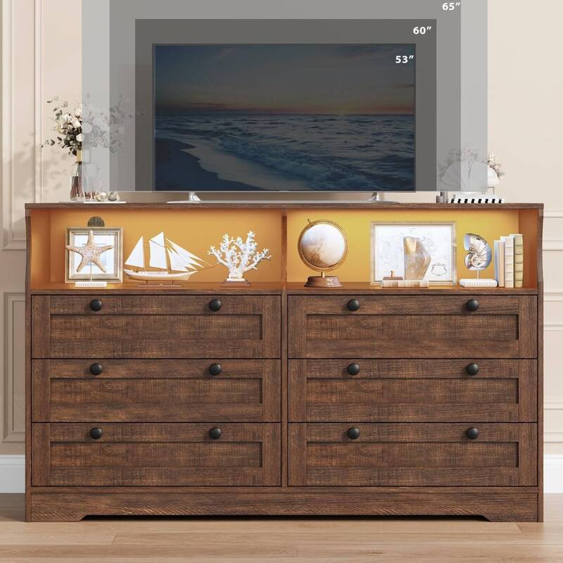 Modern 6 Drawer Dresser for Bedroom with Power Outlet and LED Light - Brown
